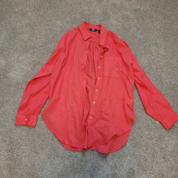 Land's End Linen Brigh Pink Button Up Long Sleeve Tunic Shirt Size XS - Picture 2 of 5